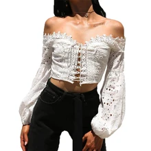 Women Off Shoulder Lantern Sleeve Hollow Out Lace Loose Cross Strap Off Shoulder Crop Tops T-Shirt Female Girls Solid Fashion off the shoulder lace insert cut out t shirt