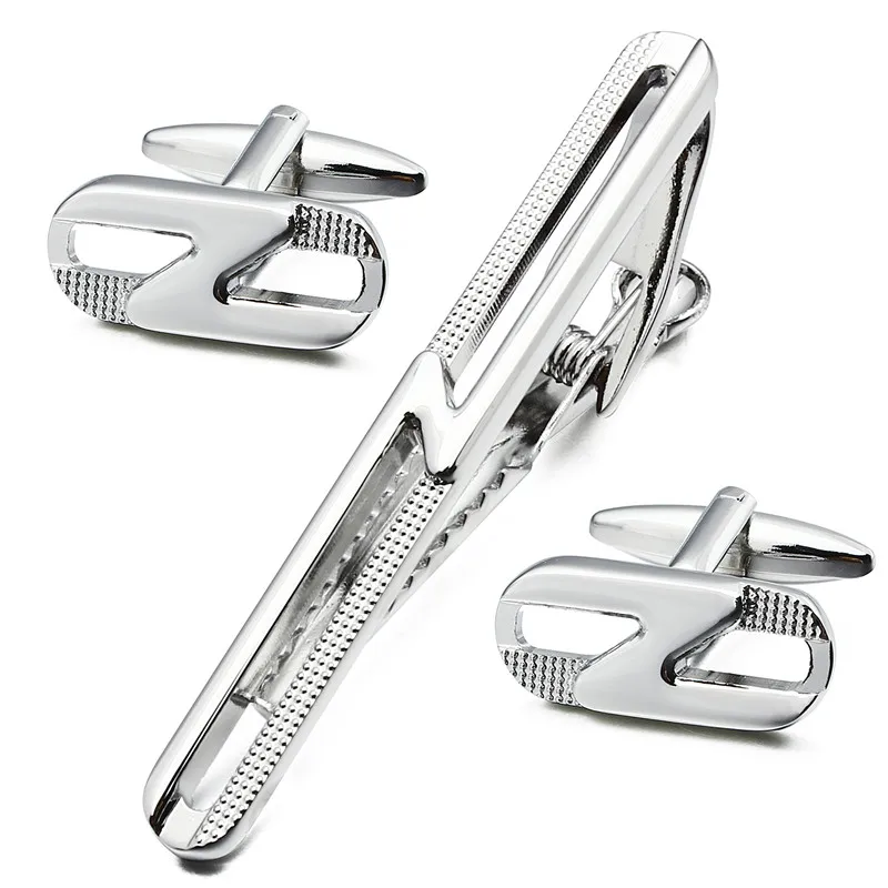 

HAWSON Trendy Cufflinks and Tie Clip Set Hollow Design Mens Silver Color Tie Clip Engraved