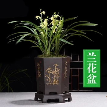 

Fine Purple Sand Flower Pot Chinese style Black Hexagonal Orchid Pots Indoor Table Flower Potted ZiSha Ceramic Pots