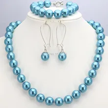 Hot Enfeites 12mm SkyBlue Contas Shell Pérola Colar Pulseira Brincos Conjuntos Fazendo Design de Jóias Presentes de Natal As Meninas Das Mulheres