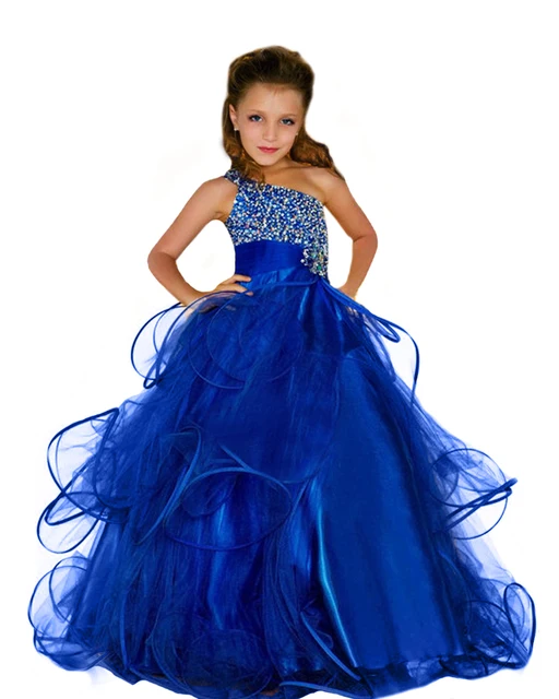 Cheap Gorgeous First Communion Dress Royal Blue One-Shoulder Beading Crystal Ruched Little Baby Girl Tulle Pageant Dresses 0-14 Y 2016