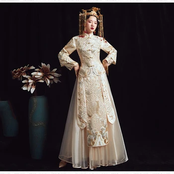 

Ancient Chinese Women Long Wedding Dress High-end Elegant Suzhou Embroidery Marrige Set Vintage Cheongsam Evening Qipao