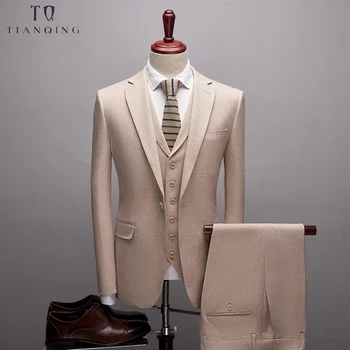 

TianQiong Good Quality Soft Wool Men Suits Slim Fit Wool Blazer Luxury Groom Suit Fashion Gentalmen Style (Jacket+Vest+Pants)