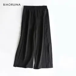 BIAORUINA/Женские повседневные широкие брюки в Корейском стиле, женские летние укороченные брюки с высокой талией, женские модные брюки