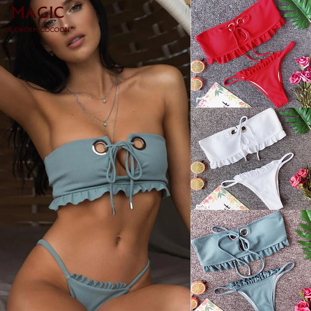 

New Tankini Swimsuits Women Solid Bikini Set Brazillian Femme 2 Piece Swimwear Off Shoulder Swimming Biquini Maillot De Bain