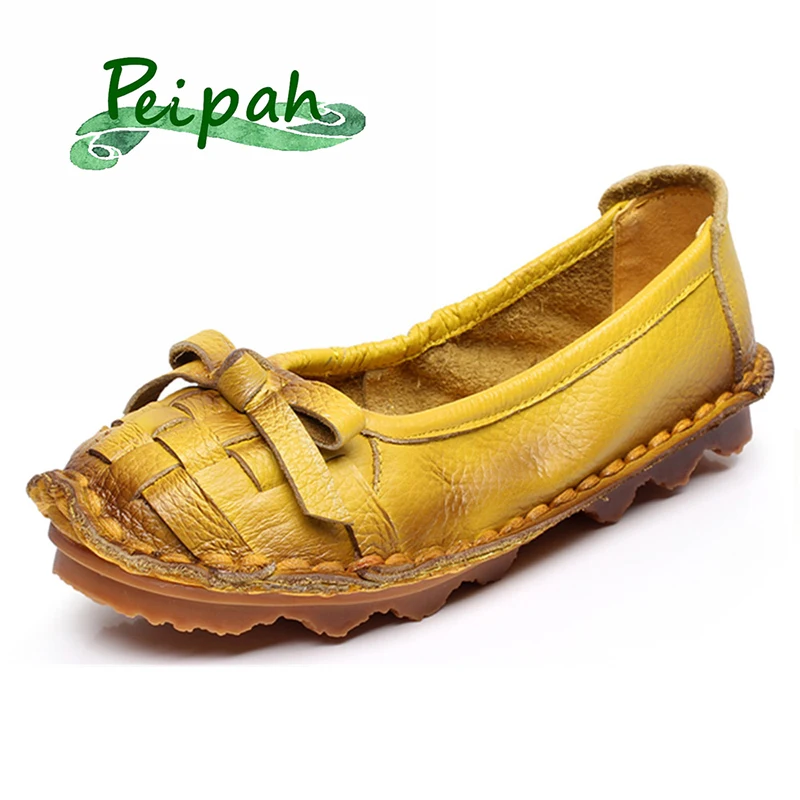 

PEIPAH Women Genuine Leather Shallow Loafers Casual Solid Ladies Cow Leather Shoes Summer Round Toe Butterfly-knot Women Shoes