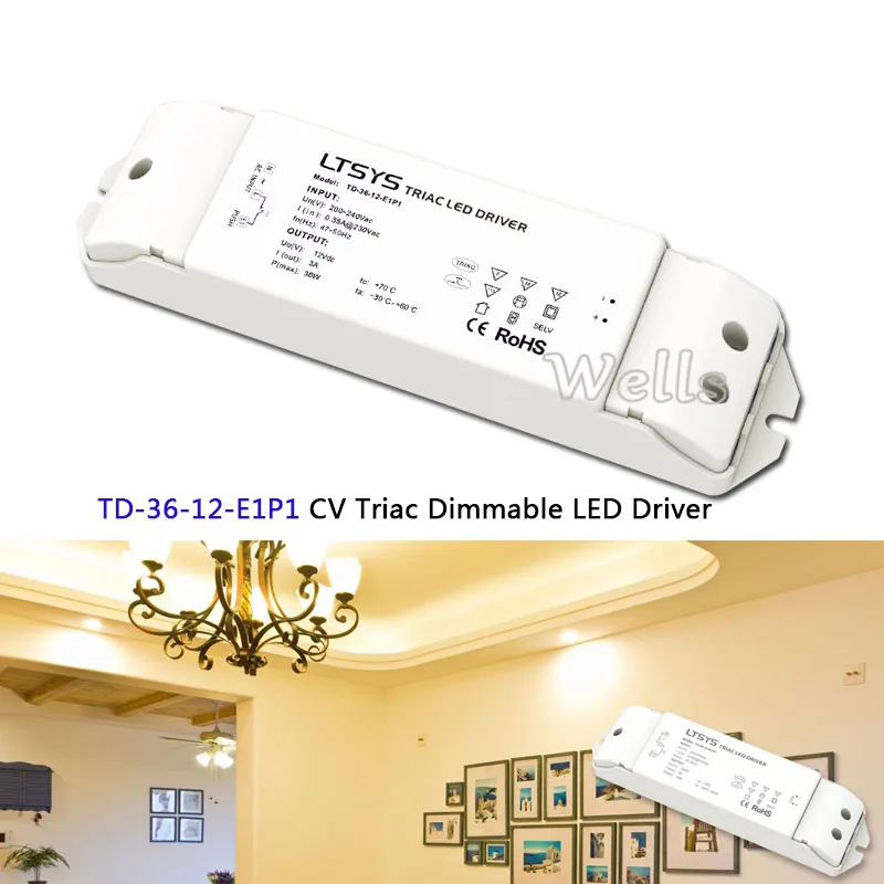 

TD-36-12-E1P1; 200-240VAC input,Output 36W 3A 12VDC constant voltage Triac Dimmable intelligent LED Driver Triac Push Dim