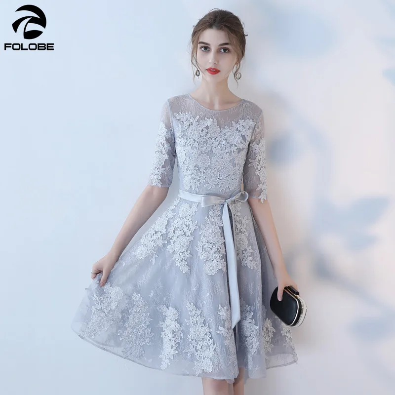 

FOLOBE 2019 Autumn Party Dress A Line Half Sleeve Knee Length Appliques Lace Women Formal Banquet Dresses Vestidos