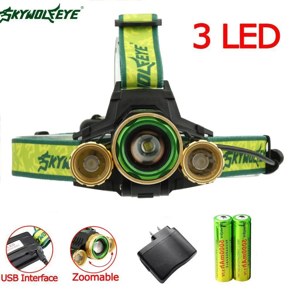 

LED Headlamp 22000 Lm 3 Torch T6 LED USB Zoom 2X18650 Battery Rechargeable Headlight +Charger US for Outdoor Activites at Night
