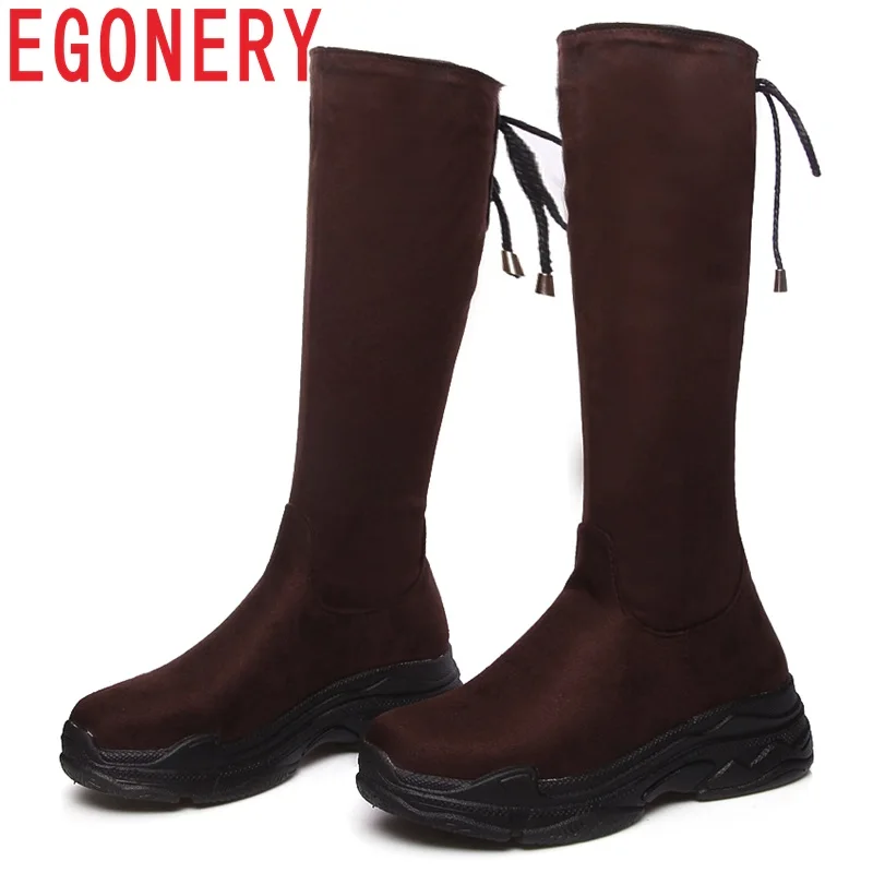 

EGONERY large size knee high boots winter spring plush leisure flock 5cm med wedges platform lace-up black brown woman shoes