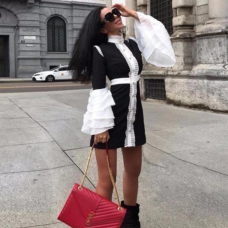 

High Quality Black Flare Sleeve Sexy Stand Celebrity Elegant Ngiht CLub Fashion Winter Long Sleeve Bodycon Bandage Dresses