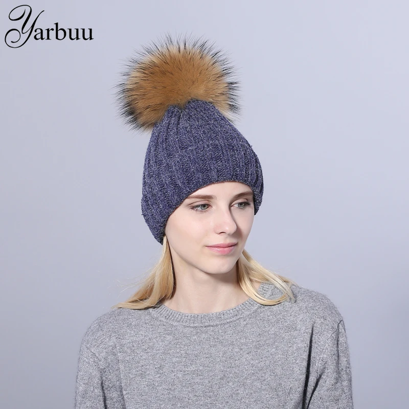

[YARBUU]2017 Brand hat Female Beanie Skullies Autumn And Winter Caps for women real mink pom poms wool rabbit fur knitted hats
