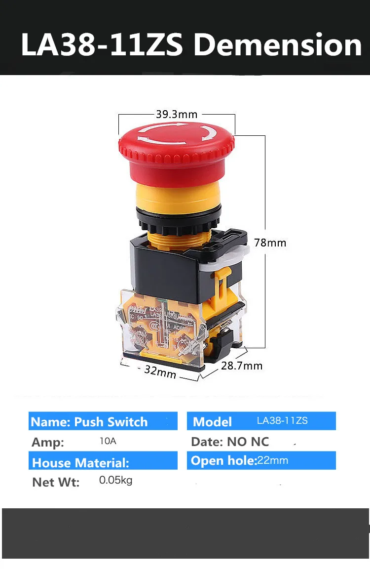 1 шт. LA38-11ZS 600 В/10A аварийный стоп кнопочный переключатель размер отверстия 22 мм самоблокирующийся гриб эмергенный кнопочный переключатель 1NO 1NC