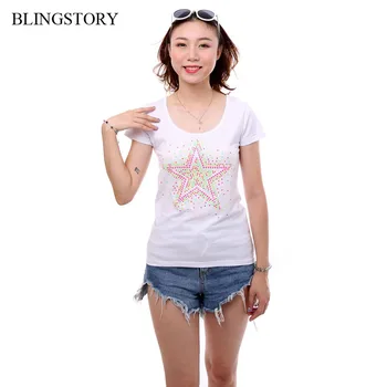 

BLINGSTORY High Street Short Sleeve Summer Tops Tee Diamond Cotton Plus Size Women White T Shirt