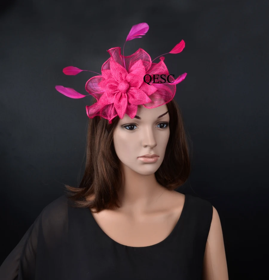 Wholesale NEW 8 colours Fuchsia hot pink Sinamay Hat Fascinator with feathers for Races,Wedding