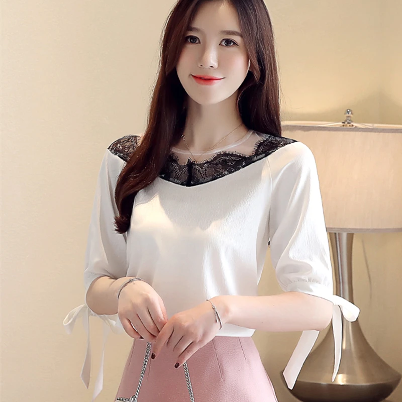 

Korean Fashion Chiffon Women Blouses Lace Slash Neck White Women Shirts Plus Size XXL Blusas Femininas Elegante Ladies Tops