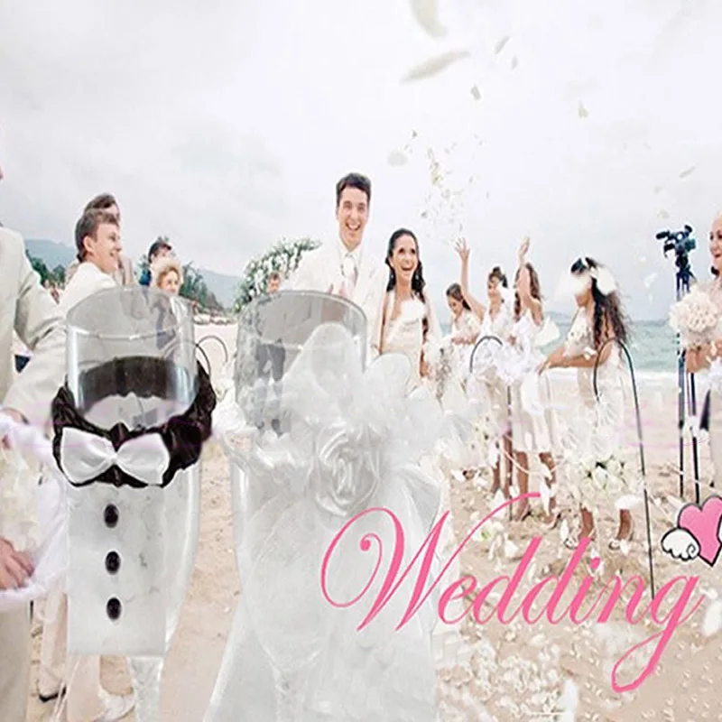 Beautiful Wedding Decor 2Pcs Bride & Groom Tux Bridal Veil Wedding Toasting Wine Glasses Decor Party & Holiday DIY Decorations
