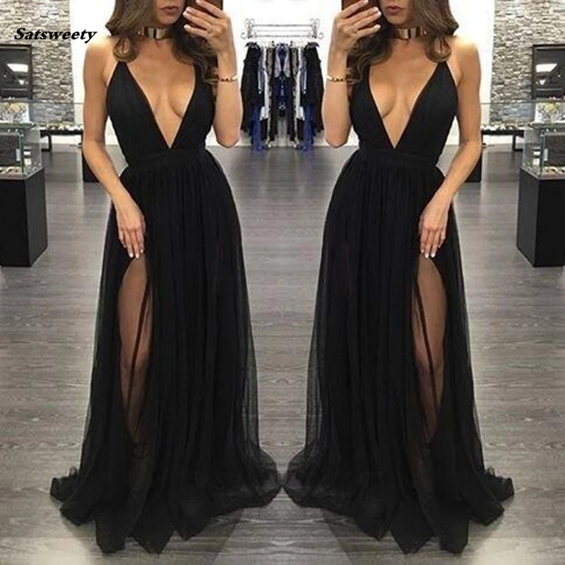 New-High-Side-Split-Tulle-Prom-Dresses-Black-Sexy-Deep-V-Neck-Long-Women-Skirts-Formal