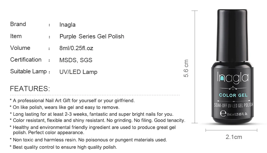 Inagla Гель-лак 8 mlфиолетовая серия 24 цвета лак для ногтей Гель-лак для нейл-арта замочить от Vernis стойкий Цветной Гель-лак для ногтей