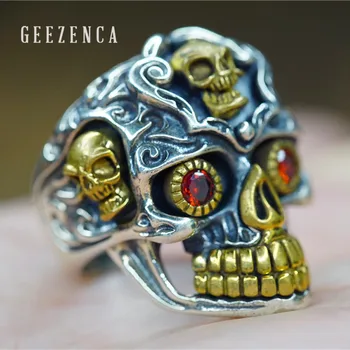 

GEEZENCA 925 Sterling Thai Silver Handmade Craft Skull Open Ring Hiphop Rock Punk Gothic Carving Fine Jewelry Cocktail Ring Man