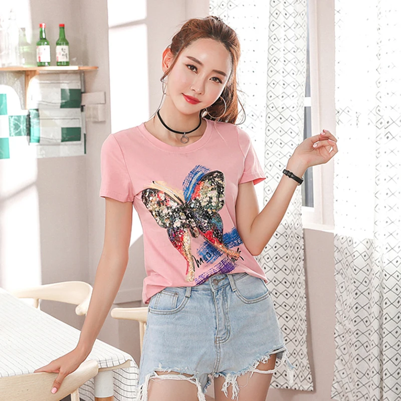 Женская футболка Shintimes Camisetas Mujer летняя с блестками и бабочками корейская мода 2018 |