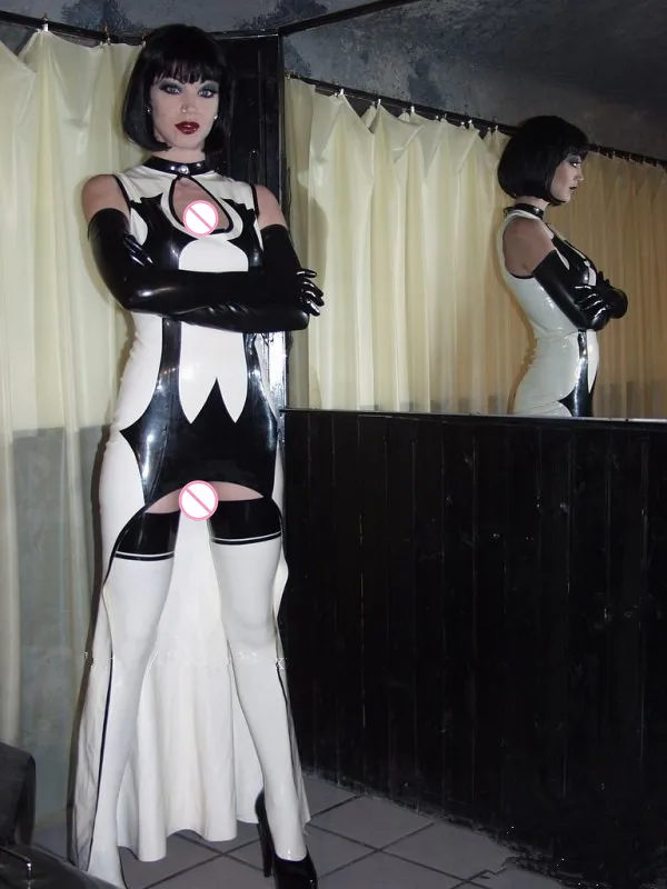 Three-piece-White-Black-Latex-Long-Dress-with-Rubber-Gloves-and-Stocking