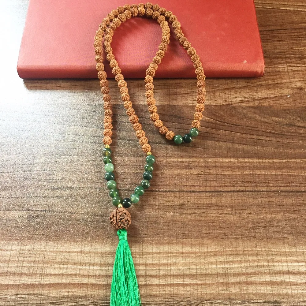 

Rudraksha Prayer Beads AquaticAgate 108 Mala Beads Heart Chakra Necklace Yoga Meditation Bohemian Tassel Necklace Bodhi