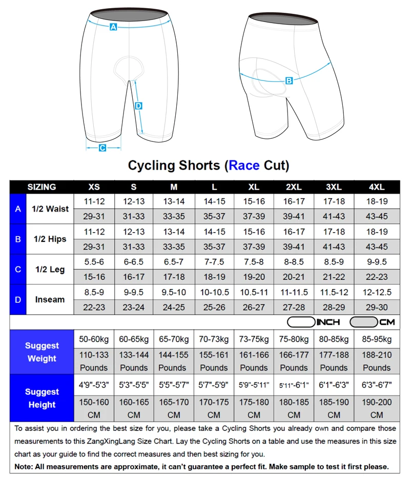 4 2018 AG Cycling Shorts(Race Cut) Size Chart (For )