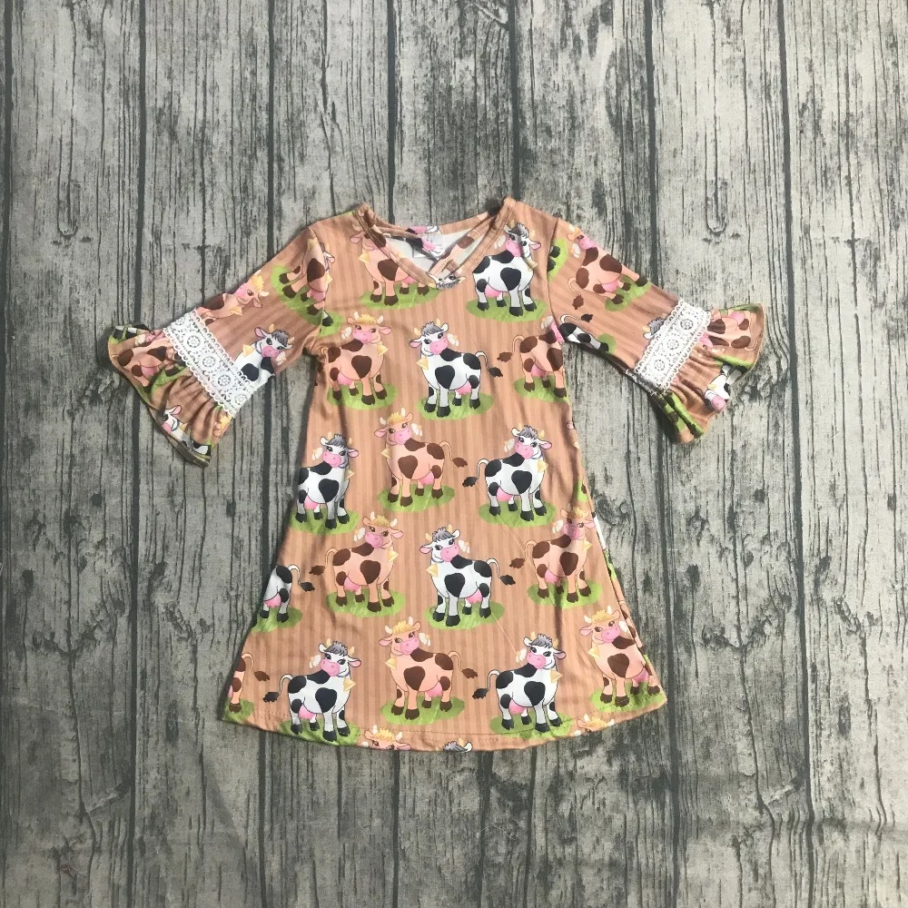 

new arrivals summer milk silk baby girls kidswear boutique clothes dress farm barnyard print ruffles three querter kenn length
