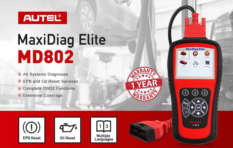 AUTEL MaxiDiag Elite MD802 Diaglink OBD2 сканер Все и 4 системы авто код ридер EPB сброс масла OBD 2 диагностический инструмент PK MD805