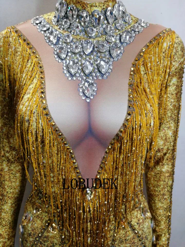 Chanteur 2019 Vêtements Femmes Salopette Outfit Performance D'étape Strass Discothèque Bar Usage Glands Sexy D'anniversaire Or Hôte Show 1rq1xwzf