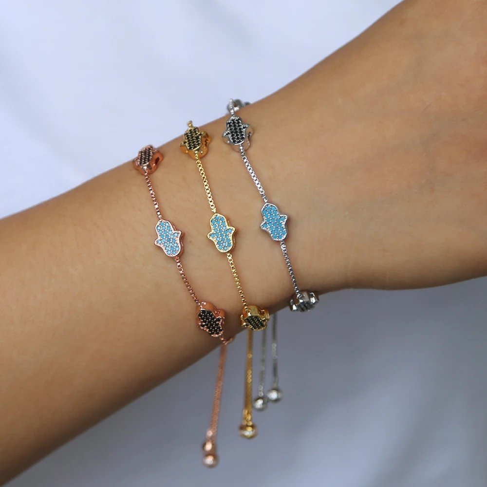 

4 pcs hamsa charm rose gold color plated Charm with blue blackTurquoises Natural Stone hand charm adjustable bracelet for Women