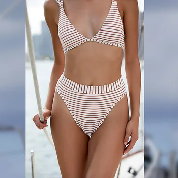 

Folok 2019 Retro Sexy Striped Strapless Bandeau Biquini Cut High Waist Women Bikini Set S