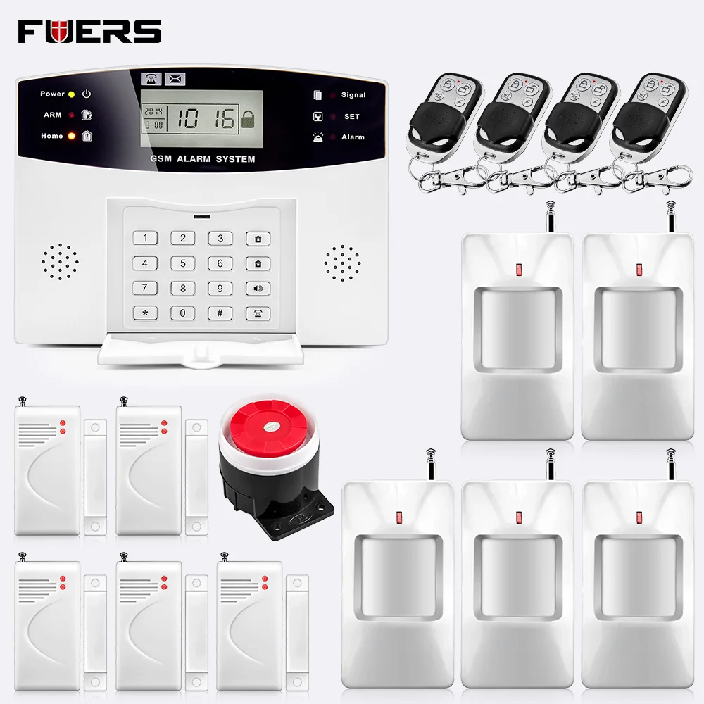 

FUERS DP500 GSM Home Security Alarm System Wireless Door Sensor LCD Display Wired Siren Metal Remote Control Kit SIM SMS Alarm