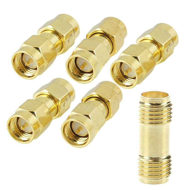 

5 Pcs Gold Tone SMA Male To SMA Male Plug RF Coaxial Adapter Connector & 1 Pcs Straight SMA Female To Female Jack RF Adapter C