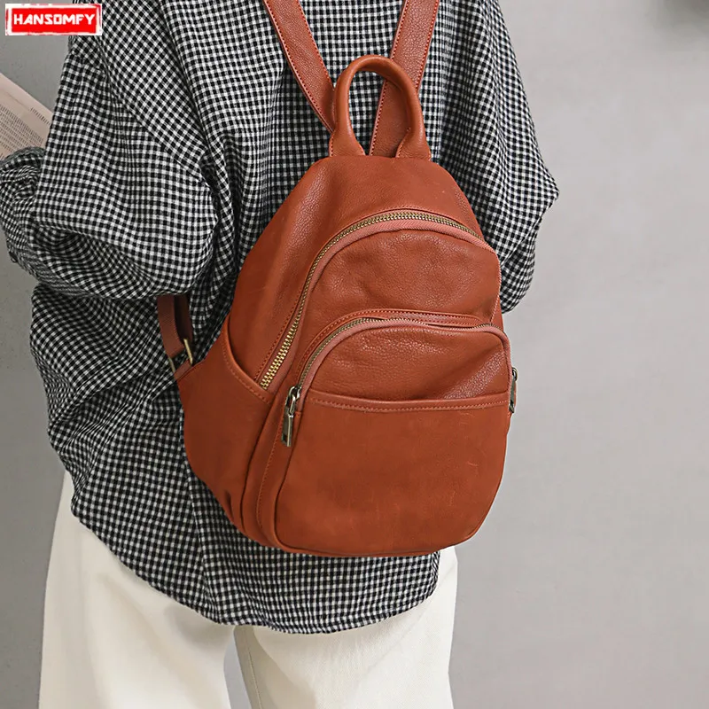 

2018 Real New Genuine Leather Women Backpacks Female Retro Art Multi-layer Small Backpack Simple Travel School Shoulder Bag