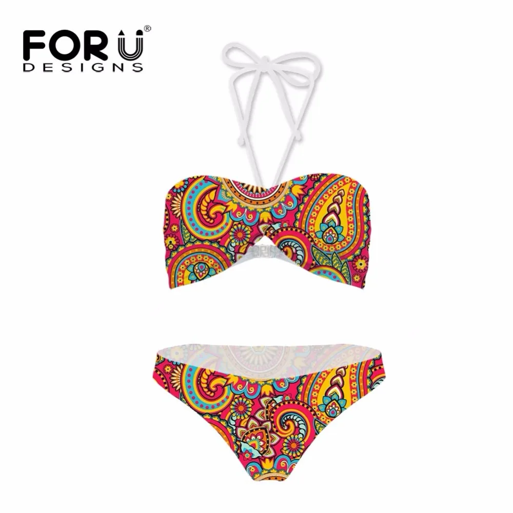 FORUDESIGNS Girls RetroFloral Print Bikinis Set Women Bow Swimsuit Push