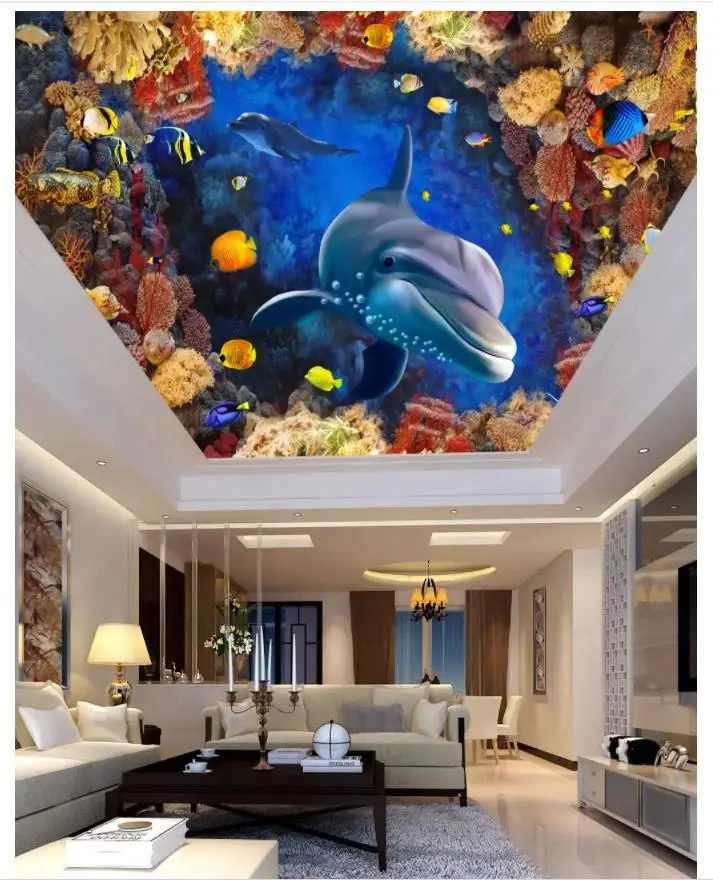 Us 12 84 51 Off Custom Photo Wallpaper 3d Ceiling Murals Wallpaper Mediterranean Sea Underwater World Aquarium Dolphin Ceiling Wallpaper Decor In