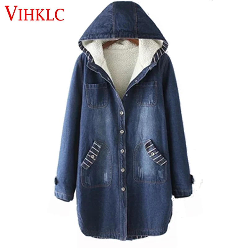 

2017 Winter Jacket Parka Korean Hooded Jackets Women Coat Cashmere Thick Loose Mid Long Cowboy Denim Cotton Parkas H371