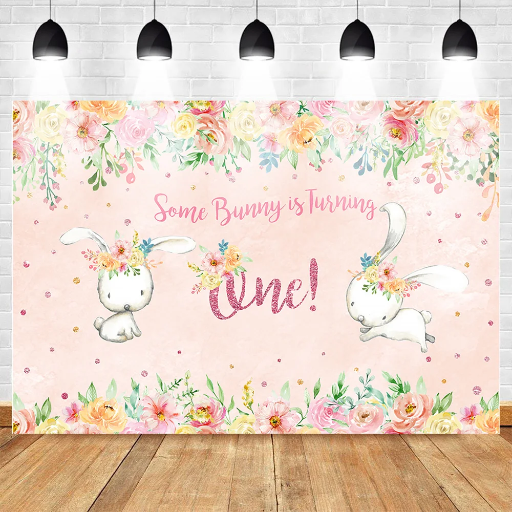 

1st Bunny Birthday Party Backdrop Photography Girl First Birthday Party Banner Pink Rose Flowers Glitter Candy Table Photo Booth