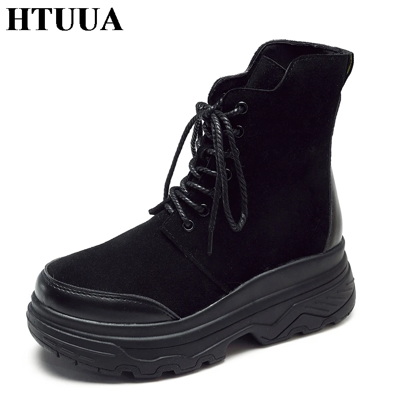 

HTUUA New 2018 Autumn Short Ankle Boots Women Flat Platform Sneakers Casual Lace-Up Motorcycle Martin boots Ladies Shoes SX1739