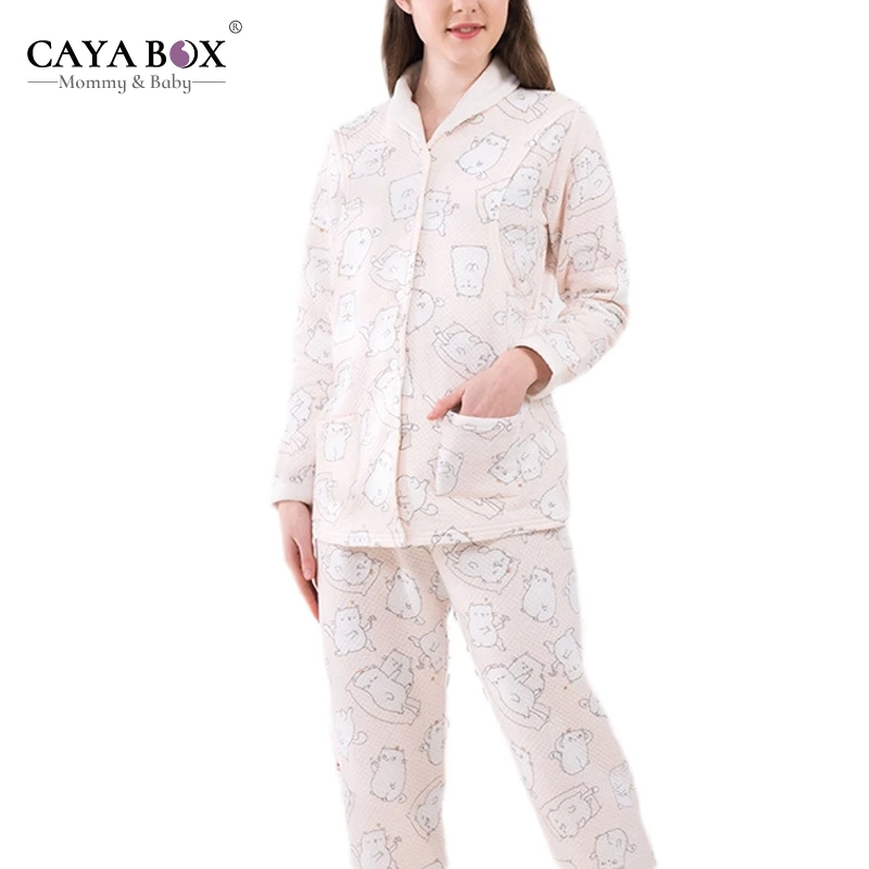

2018 Spring New Air Cotton Warm Women Sets Carton Print Porket Maternity Cardigan Nursing Suits