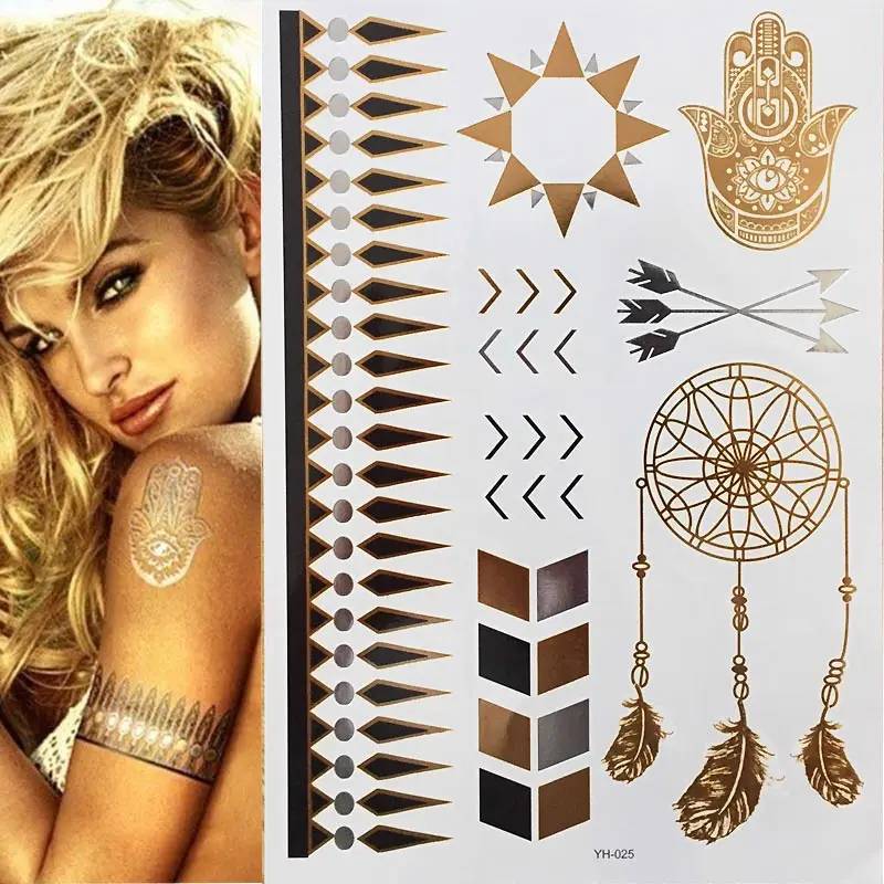 1 лист флэш Бохо металлические золотые перья мерцающие ювелирные изделия фестиваль временная татуировка - Цвет: YH025