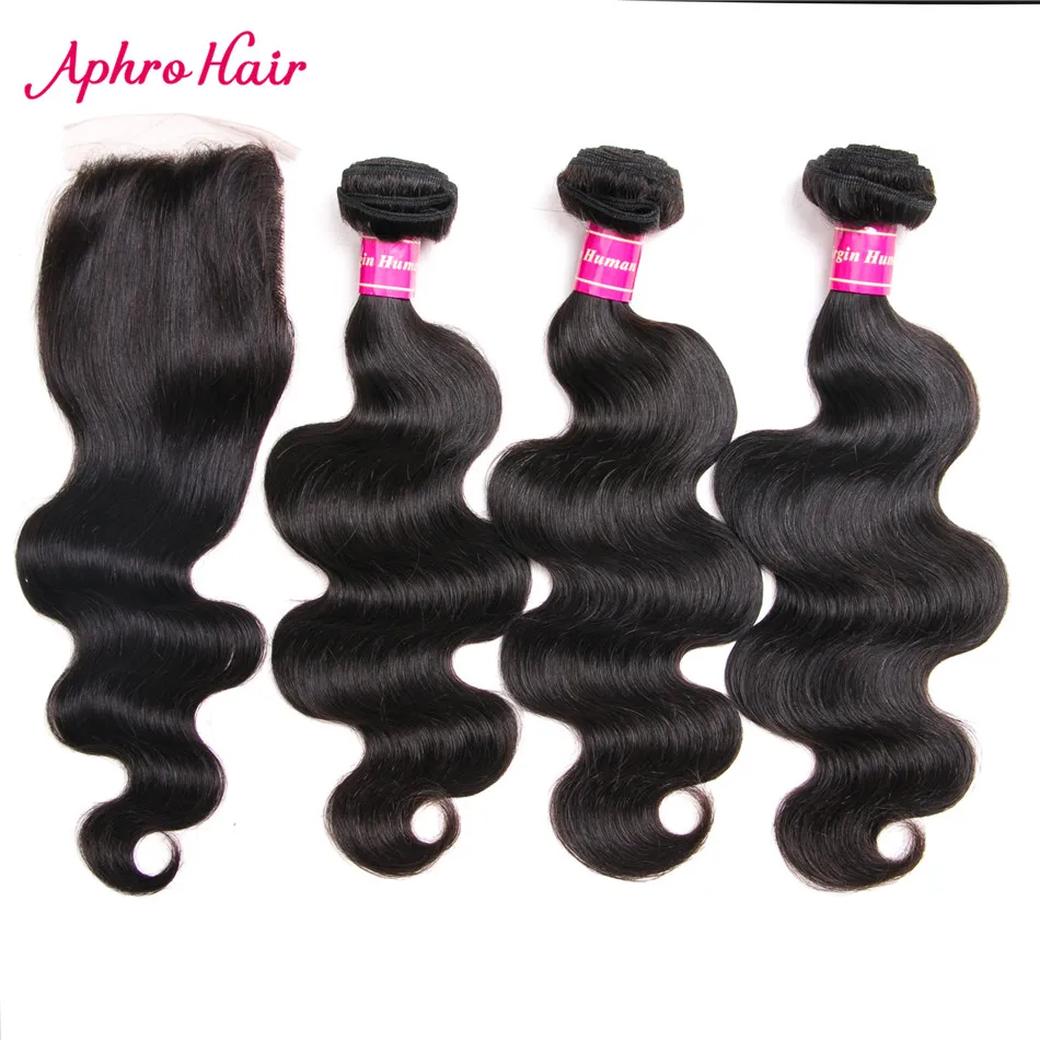 Aphro hair Brazilian Body Wave 3 Bundles With Closure Free Part Non Remy Human Hair Weave Bundles Natural Color Free Shipping brazilian-body-wave-hair-bundles