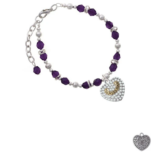 Two-tone 'Nurses Rock' on Clear Crystal Heart Purple Beaded Bracelet