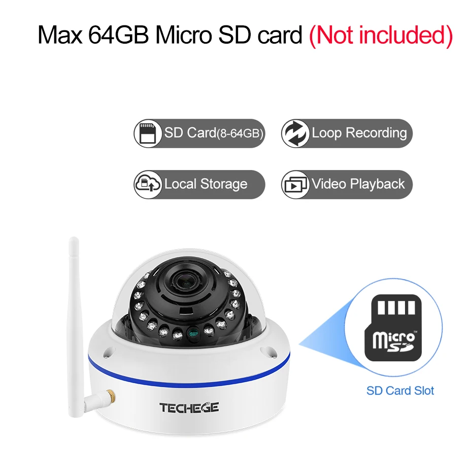 Baratos Techege 1080P cámara tipo domo con WiFi Audio inalámbrico con cable de visión nocturna a prueba de vandalismo 2MP CCTV Cámara SD ranura para tarjeta Max 64G adaptador gratis