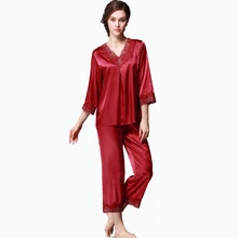 Модная одежда с длинными рукавами шелковые пижамы костюм пикантные Для женщин Lounge V воротник Пижамы для девочек Повседневное шелковый атлас Пижама