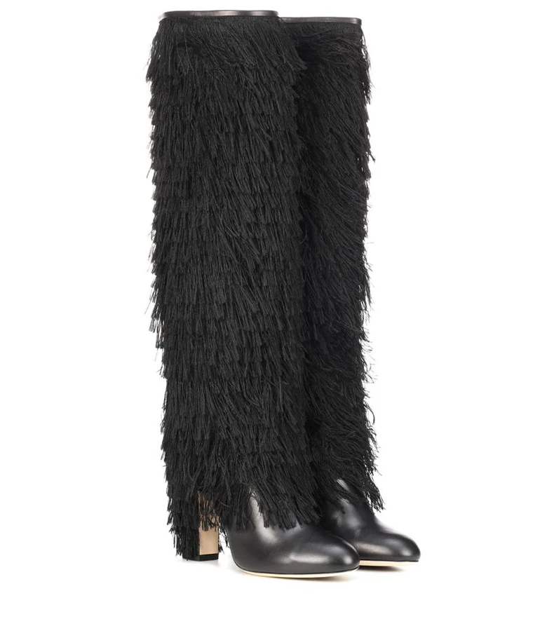 

Dipsloot New Design Woman Sexy Tassel Embellished Square High Heels Dress Runway Boots Ladies Round Toe Slip-on Knee High Boots