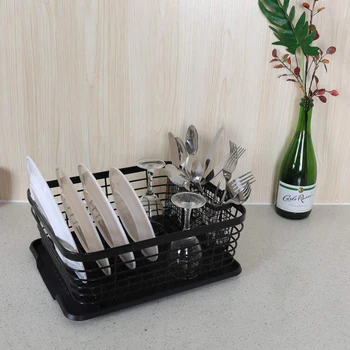 

Kitchen Dish Drainer Drying Rack with Drip Tray and Storage Basket Kitchen Sink Organizer Shelf Sink Drying Rack Black
