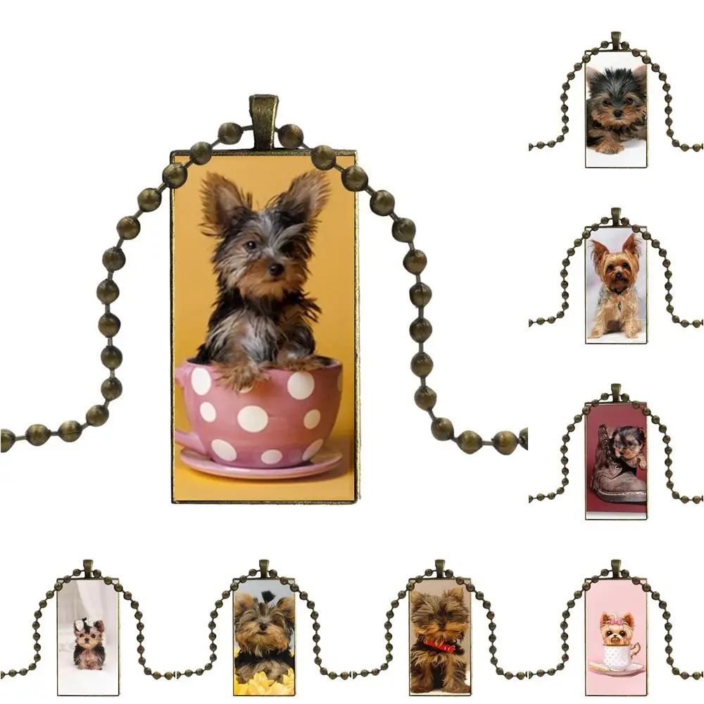 

Small Cute Yorkshire Terrier Dog Puppy For Girls Gifts Necklace Fashion Long Chain With Rectangle Necklace Jewelry